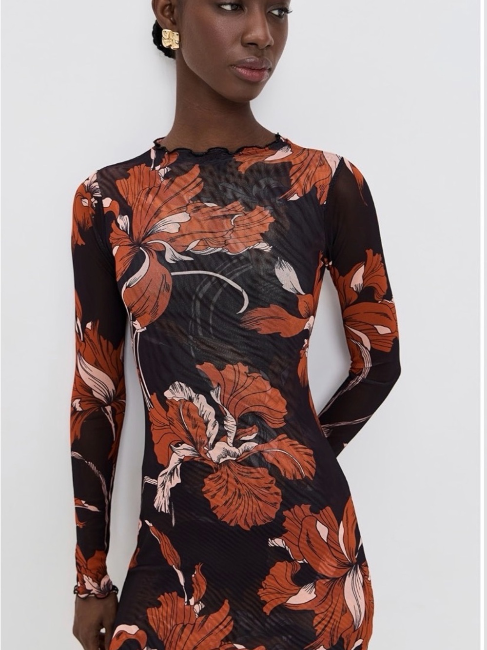 Resa Tyler Black Sheer Floral Long Sleeve Mesh Dress with Rust Blooms